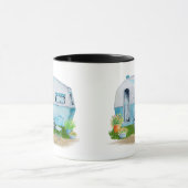 水彩画の青いレトロのヴィンテージのキャンピングカーのキャラバン マグカップ (中央)