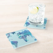 水彩画の青い世界地図 ガラスコースター (アングル)