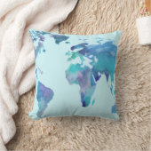 水彩画の青い世界地図 クッション (ブランケット)