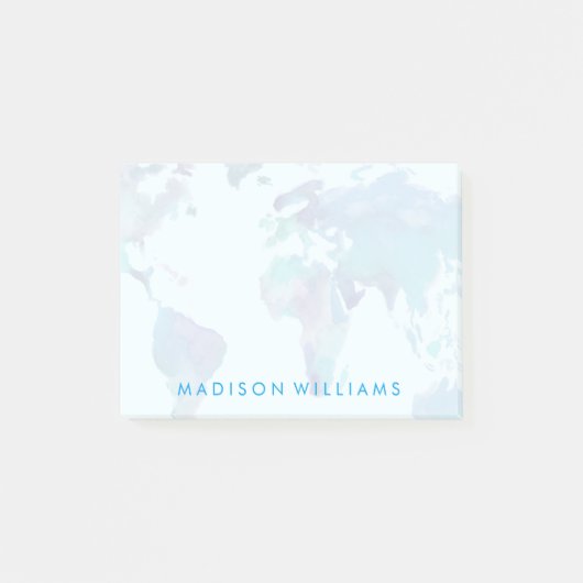 水彩画の青い世界地図 ポストイット (正面)