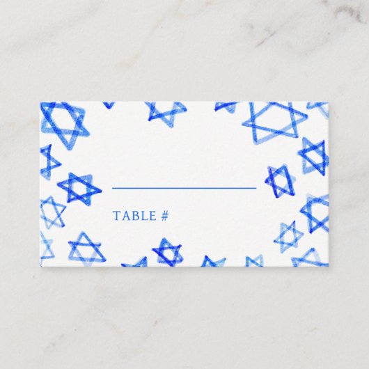 水彩画の青い星（ダビデの星）　バー・バットミツバの記念品 プレイスカード (正面)