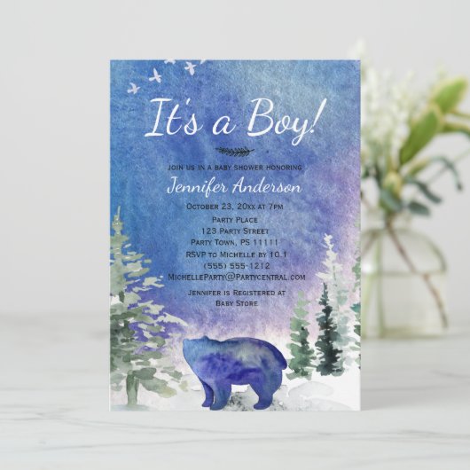 水彩画の青い森林くまの男の子のベビーシャワー 招待状 (スタンド正面)