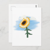 水彩画の青い空と黄色のひまわりアート ポストカード (正面/裏面)