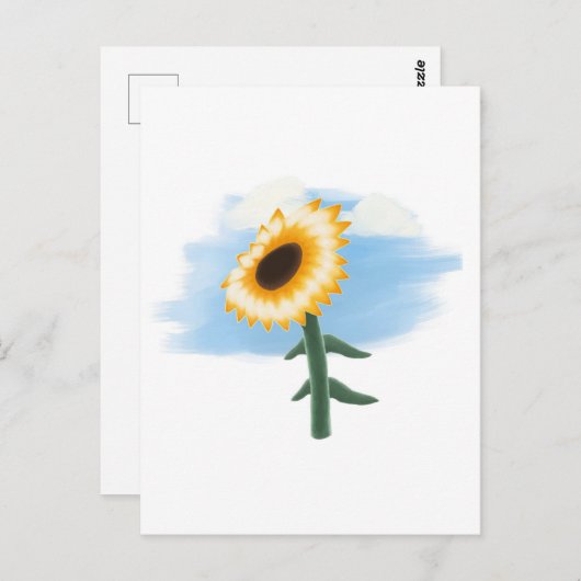 水彩画の青い空と黄色のひまわりアート ポストカード (正面/裏面)