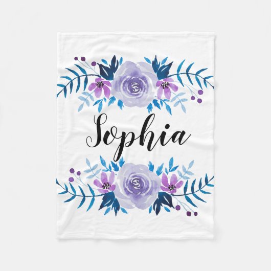 水彩画の青い紫色の花のリースのカスタムの文字 フリースブランケット (正面)