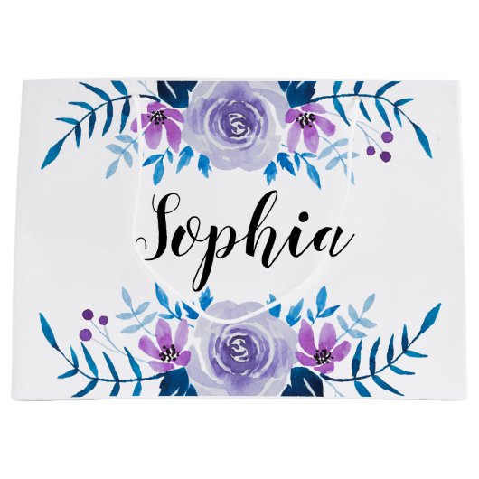 水彩画の青い紫色の花のリースのカスタムの文字 ラージペーパーバッグ (正面)