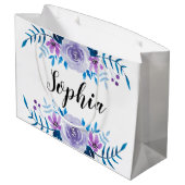 水彩画の青い紫色の花のリースのカスタムの文字 ラージペーパーバッグ (裏面アングル)