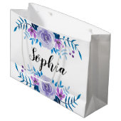 水彩画の青い紫色の花のリースのカスタムの文字 ラージペーパーバッグ (正面アングル)