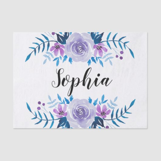 水彩画の青い紫色の花のリースのカスタムの文字 薄葉紙 (正面)