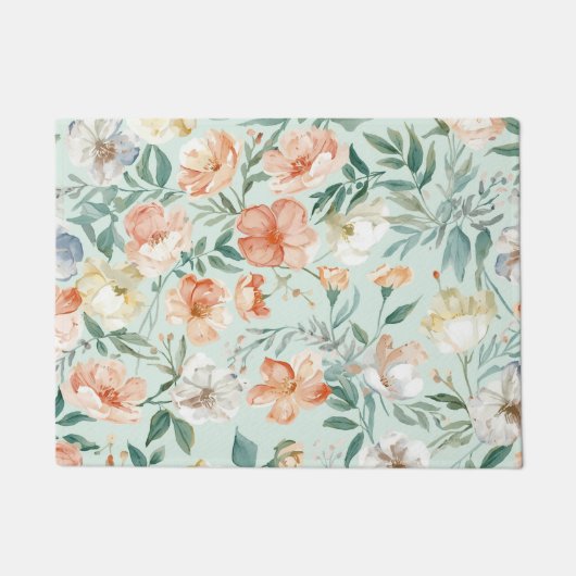 水彩画の青い花の柄　野生の花の草原 ドアマット (正面)