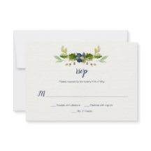 水彩画の青い花、ドングリ、カシはRSVP |を去ります