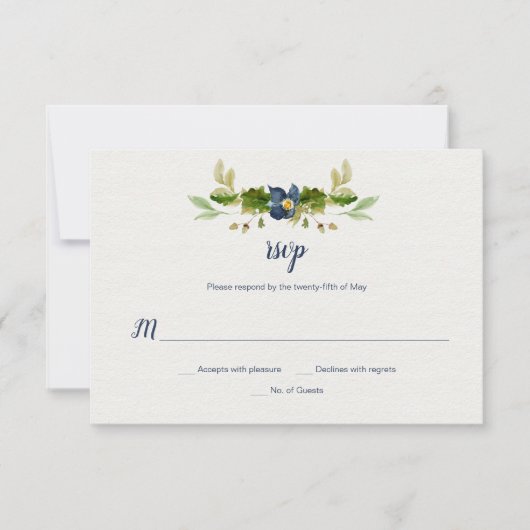 水彩画の青い花、ドングリ、カシはRSVP |を去ります 出欠カード (正面)