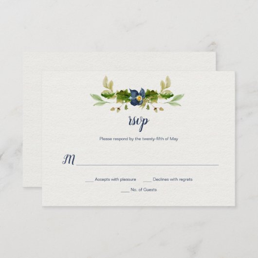 水彩画の青い花、ドングリ、カシはRSVP |を去ります 出欠カード (正面/裏面)
