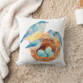 水彩画の青い鳥のひよこの巣の枕 クッション (ブランケット)