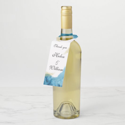 水彩画の青および金ゴールド第50の結婚記念日 ボトルネックタグ (アングル)