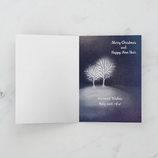 水彩画の青と白の雪のオオワシと木のクリスマスカード シーズンカード (内部)