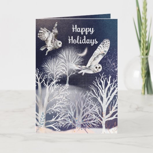 水彩画の青と白の雪のオオワシと木のクリスマス シーズンカード (正面)