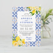 水彩画の青と黄色のレモン フレーム ウェディング 招待状 (スタンド正面)