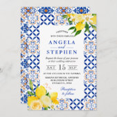 水彩画の青と黄色のレモン フレーム ウェディング 招待状 (正面/裏面)