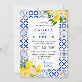 水彩画の青と黄色のレモン フレーム ウェディング 招待状