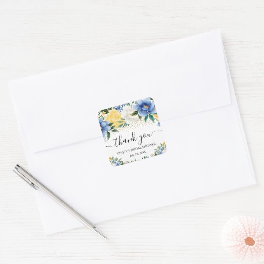 水彩画の青と黄色の花のウェディングシャワー スクエアシール (封筒)