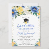 水彩画の青と黄色の花の卒業 招待状 (正面)