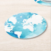 水彩画の青の世界地図 ラウンドペーパーコースター (アングル)