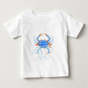 水彩画の青カニのペンキの（ばちゃばちゃ）跳ねる ベビーTシャツ