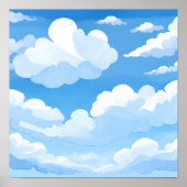 水彩画の青空と雲が描かれた空 ポスター (正面)