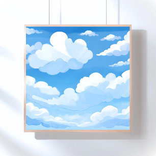 水彩画の青空と雲が描かれた空 ポスター