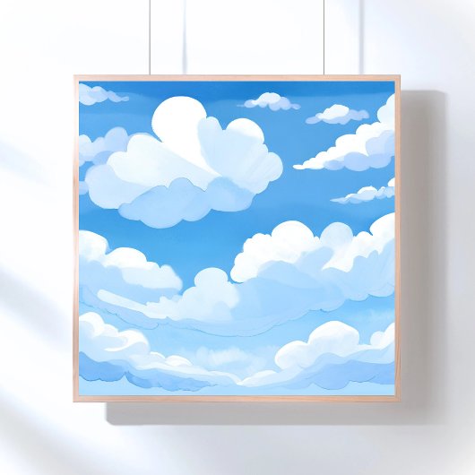 水彩画の青空と雲が描かれた空 ポスター
