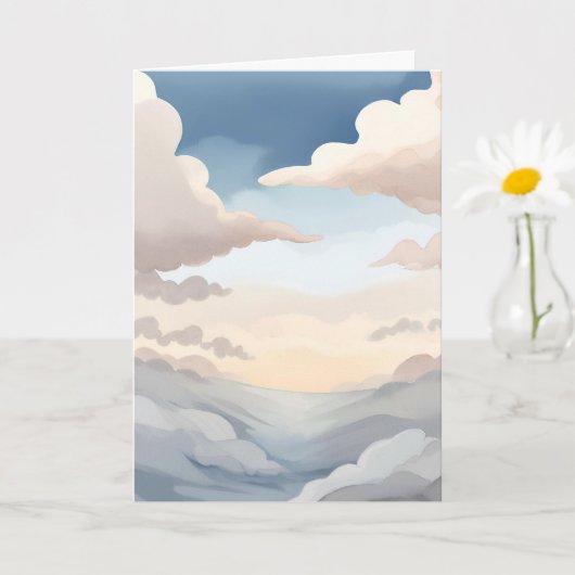 水彩画の青空と雲|曇り空 カード (小さな植物)