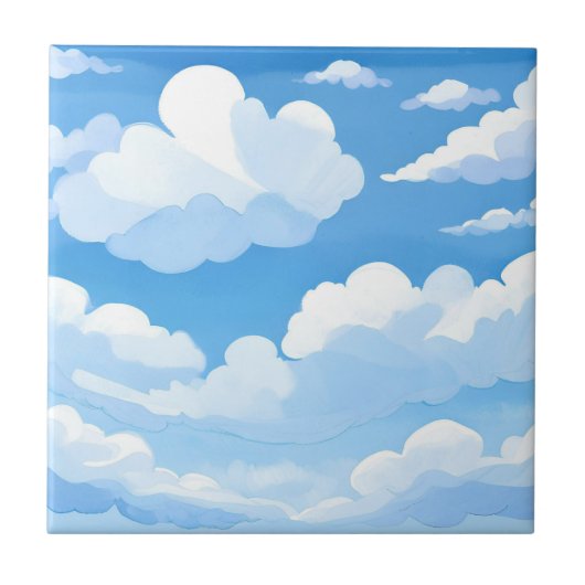 水彩画の青空と雲 | 雲だらけの空 タイル (正面)