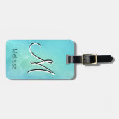 水彩画の青緑のモノグラムの手紙のイニシャル ラゲッジタグ (正面横)