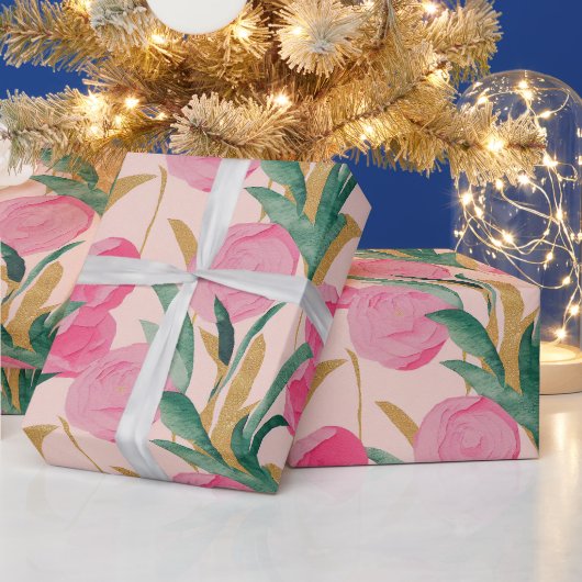 水彩画の鮮やかなピンクの春の花 ラッピングペーパー (クリスマス)