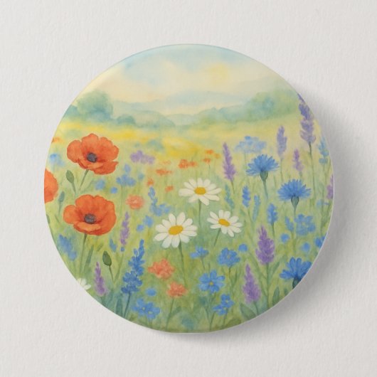 水彩画の鮮やかな野の花の草原 缶バッジ (正面)