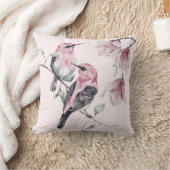 水彩画の鳥とピンクの花々 クッション (ブランケット)