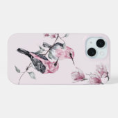 水彩画の鳥とピンクの花々 iPhone 15ケース (裏面横)