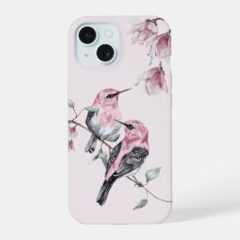 水彩画の鳥とピンクの花々 iPhone 15ケース