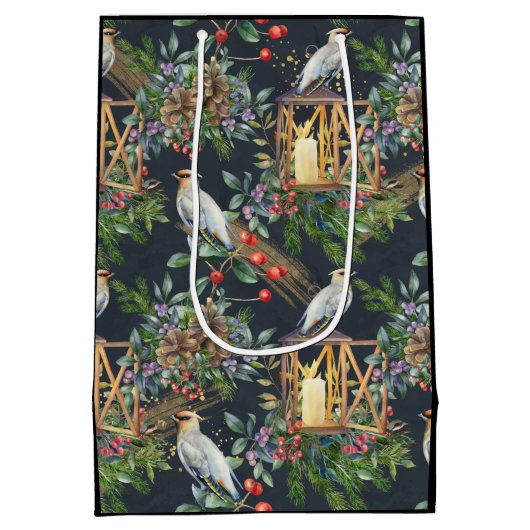 水彩画の鳥とランタンがデザインされたクリスマス ミディアムペーパーバッグ (裏面)