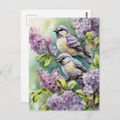 水彩画の鳥と咲き誇るライラックの花 ポストカード (正面/裏面)