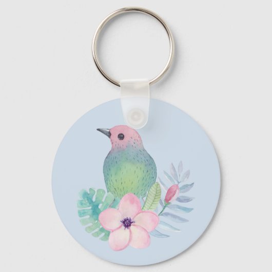 水彩画の鳥と花 キーホルダー (正面)