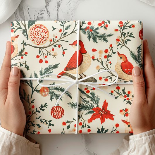 水彩画の鳥のビンテージ クリスマス ラッピングペーパー