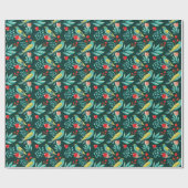 水彩画の鳥、クランベリー及び緑の草木のクリスマス ラッピングペーパー (フラット)