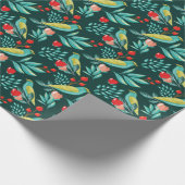 水彩画の鳥、クランベリー及び緑の草木のクリスマス ラッピングペーパー (角)
