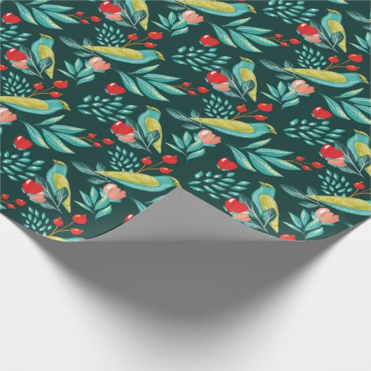 水彩画の鳥、クランベリー及び緑の草木のクリスマス ラッピングペーパー (角)