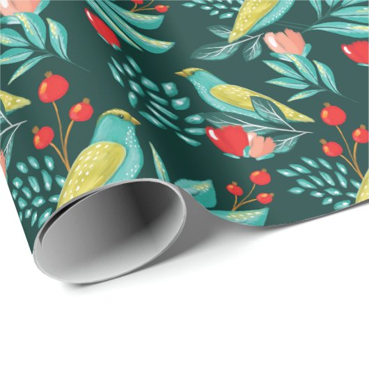 水彩画の鳥、クランベリー及び緑の草木のクリスマス ラッピングペーパー (ロールコーナー)