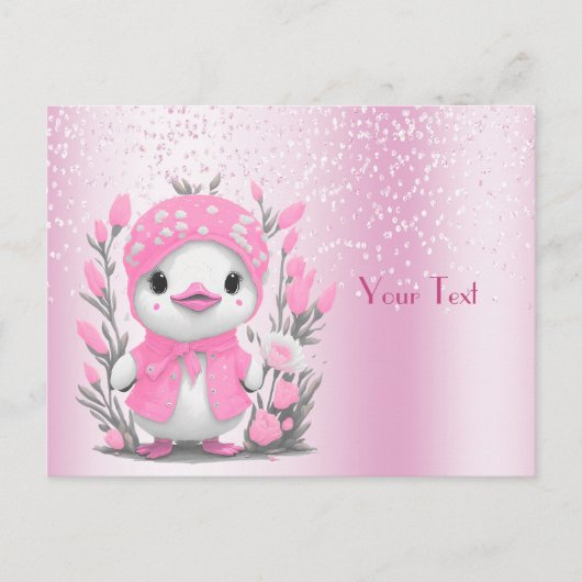 水彩画の鴨とピンクの花のポストカード ポストカード (正面)