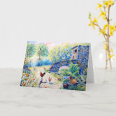 水彩画の鶏の鶏小屋の挨拶状 カード (黄色い花)