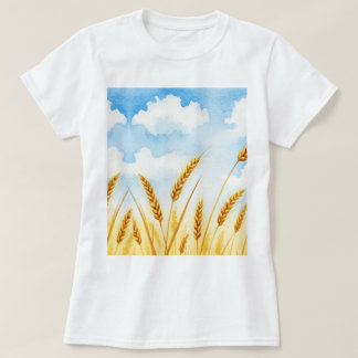 水彩画の麦畑のイラスト Tシャツ